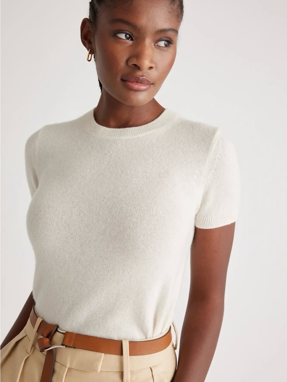 Quince Mongolian Cashmere Short-Sleeve Crewneck Top in Cream Size Small